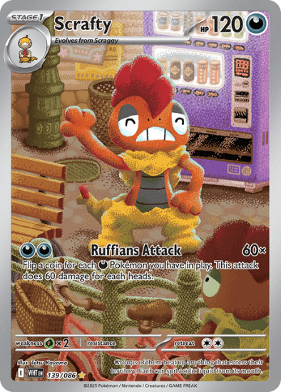 Pokémon trading card featuring Scratty with a vintage arcade background