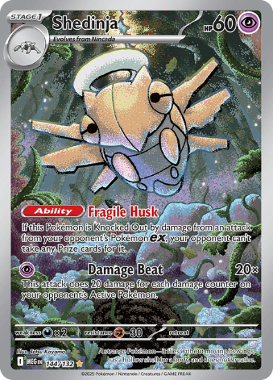 Pokémon trading card featuring Shedinja with detailed artwork and text.