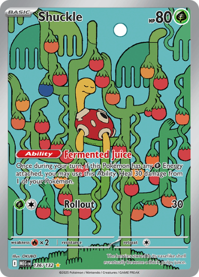 Pokémon trading card featuring Shuckle with green plants and red berries on a blue background.