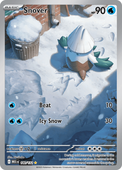 Pokémon trading card featuring Snover in a snowy scene