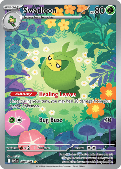 Pokémon trading card featuring Swadloon with a floral background