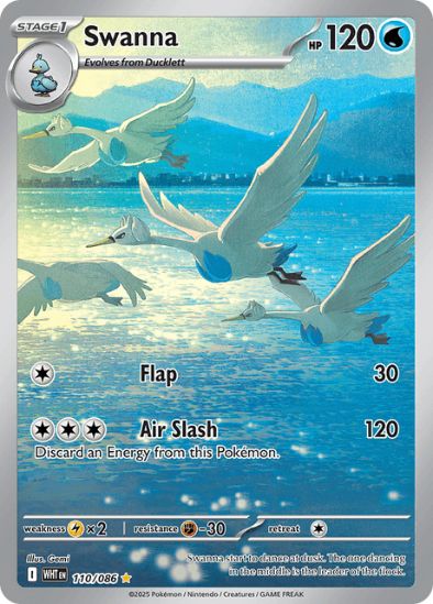 Pokémon trading card featuring Swanna with swans in the background
