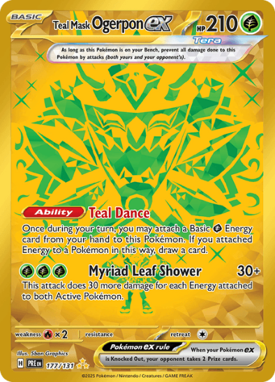 Pokémon trading card featuring Teal Mask Ogerpon EX with green and yellow design.