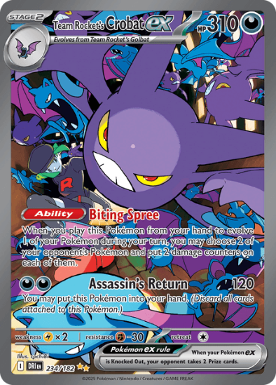 Pokémon trading card featuring Team Rocket's Crobat EX with detailed artwork and text.