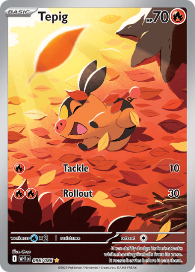 Pokémon trading card featuring Tepig with autumn leaves background