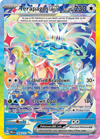 Colorful Pokémon trading card featuring Terapagos EX with detailed artwork and text.