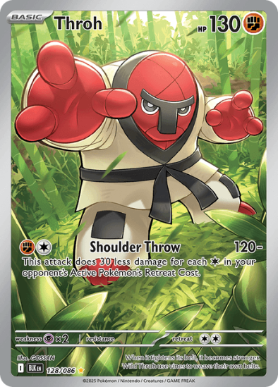 Pokémon trading card featuring Throh with a green leafy background