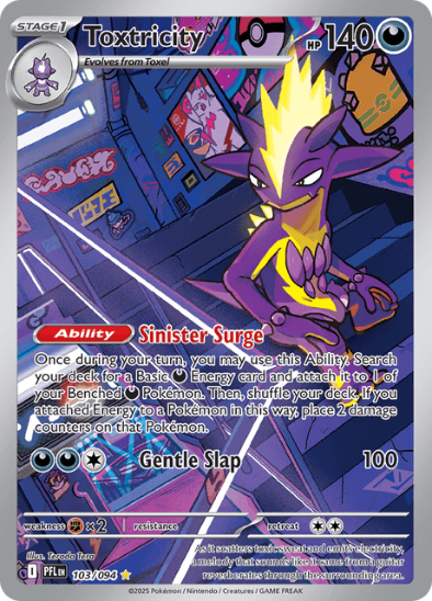 Pokémon trading card featuring Toxtricity with colorful background