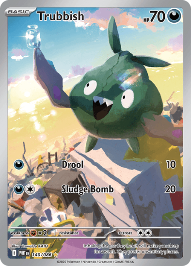 Pokémon trading card featuring a green creature with a blue shell labeled 'Trubbish'.