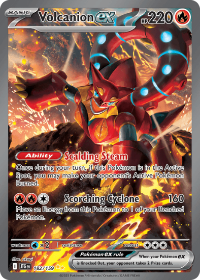 Pokémon trading card featuring Volcanion EX with fiery design and text.
