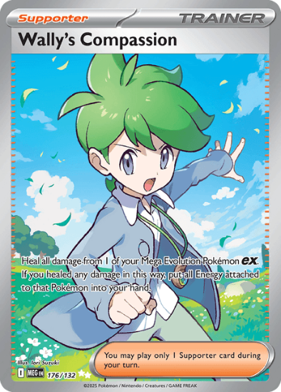 Trading card featuring a character with green hair and a blue outfit against a sky background.