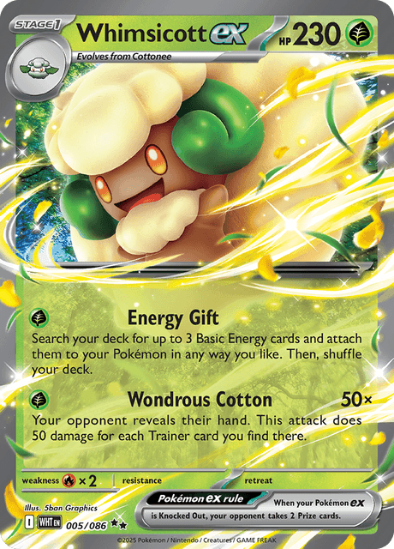 Pokémon trading card featuring Whimsicott EX with energy gift ability