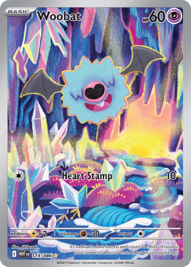 Pokémon trading card featuring Woobat with a colorful design
