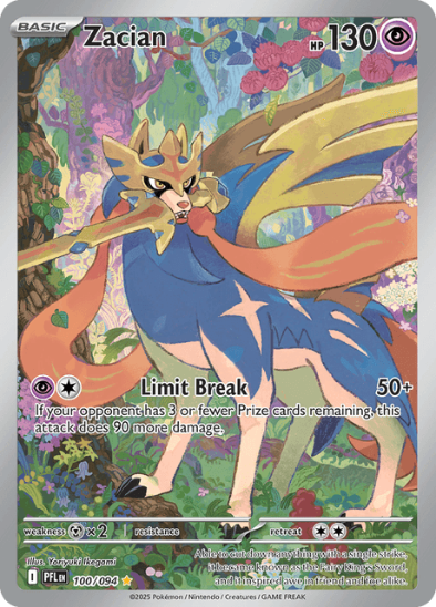 Pokémon trading card featuring Zacian with colorful design and text.