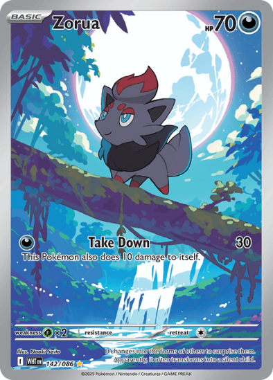 Pokémon trading card featuring Zorua with a forest background